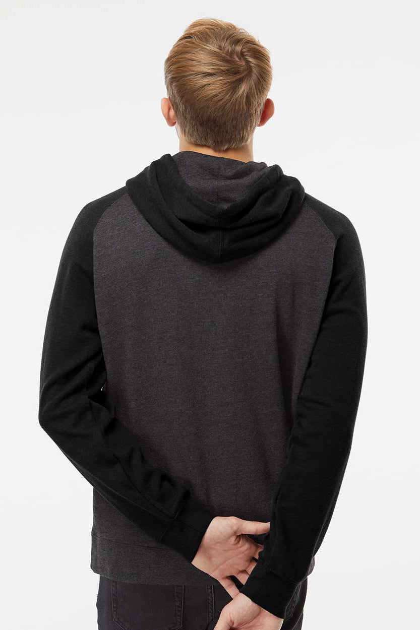 Independent Trading Company IND40RP Mens Raglan Hooded Sweatshirt Hoodie w/ Pouch Pockets Heather Charcoal Grey/Black Model Back