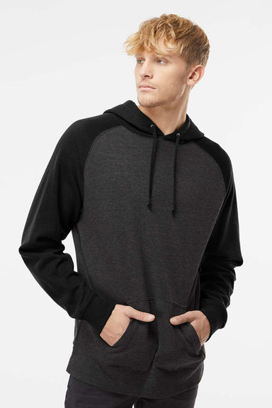 Independent Trading Company IND40RP Mens Raglan Hooded Sweatshirt Hoodie w/ Pouch Pockets Heather Charcoal Grey/Black Model Front