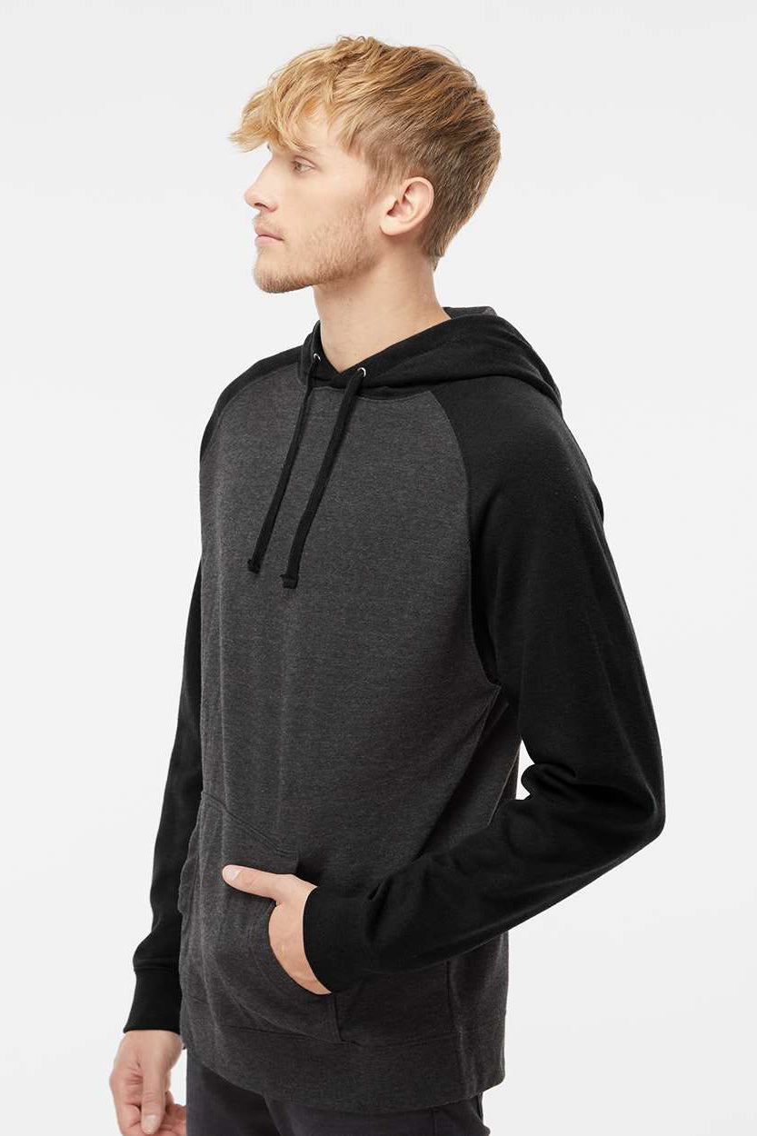 Independent Trading Company IND40RP Mens Raglan Hooded Sweatshirt Hoodie w/ Pouch Pockets Heather Charcoal Grey/Black Model Side