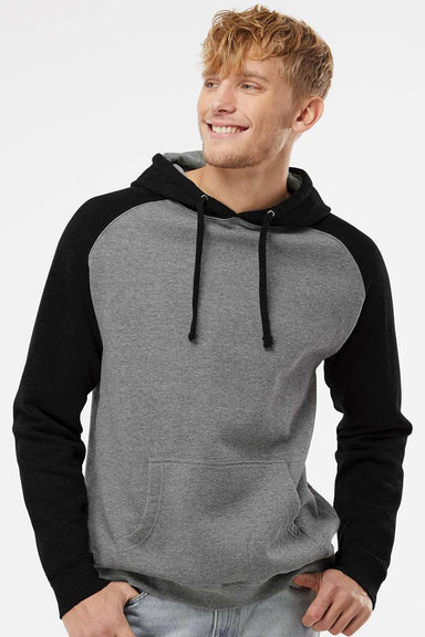 Independent Trading Company IND40RP Mens Raglan Hooded Sweatshirt Hoodie w/ Pouch Pockets Heather Gunmetal Grey/Black Model Front