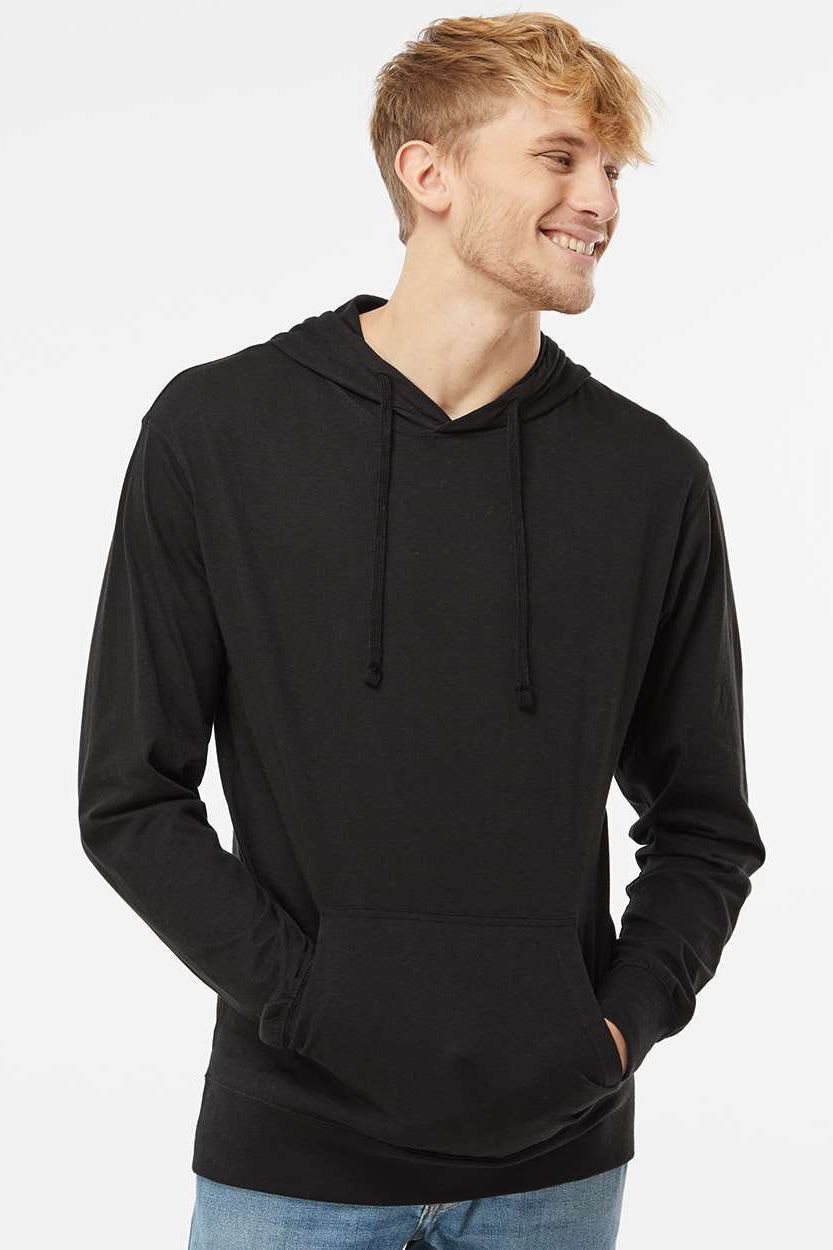 Independent Trading Company SS150J Mens Long Sleeve Hooded T-Shirt Hoodie Black Model Front