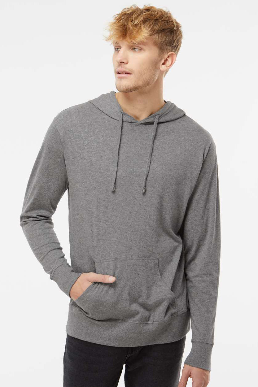 Independent Trading Company SS150J Mens Long Sleeve Hooded T-Shirt Hoodie Heather Gunmetal Grey Model Front