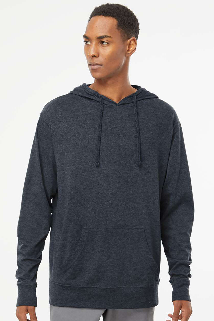Independent Trading Company SS150J Mens Long Sleeve Hooded T-Shirt Hoodie Heather Classic Navy Blue Model Front