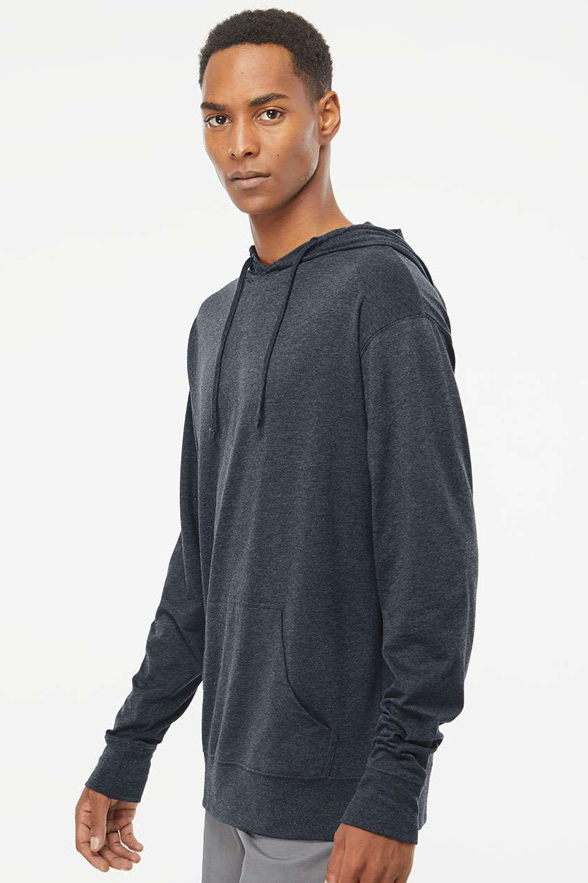 Independent Trading Company SS150J Mens Long Sleeve Hooded T-Shirt Hoodie Heather Classic Navy Blue Model Side