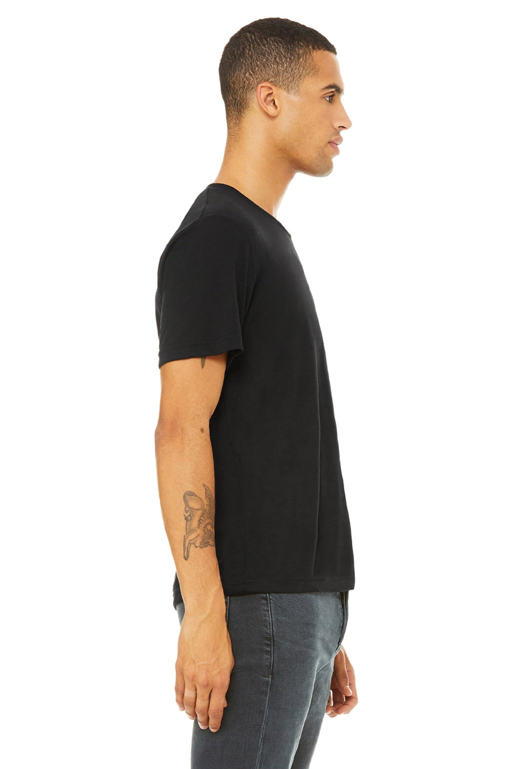 Bella + Canvas 3880 Mens Short Sleeve Crewneck T-Shirt Black Model Side