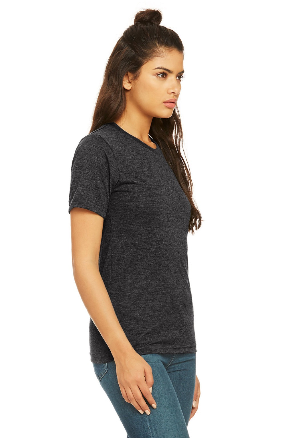 Bella + Canvas 3880 Mens Short Sleeve Crewneck T-Shirt Heather Dark Grey Model Side