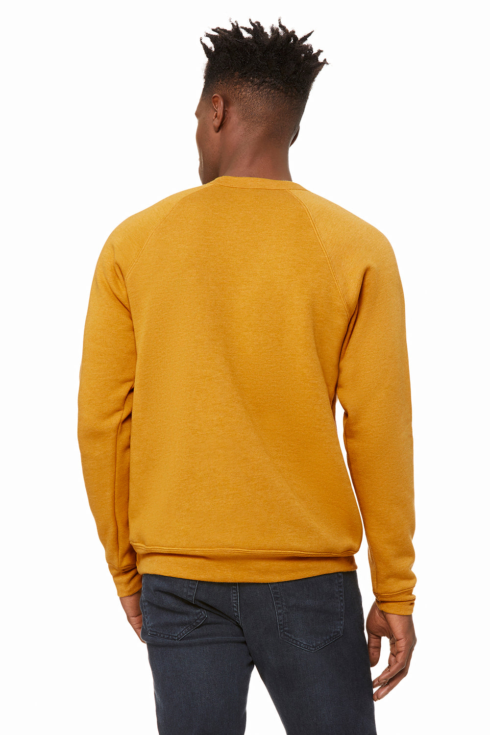 Bella + Canvas BC3901/3901 Mens Sponge Fleece Crewneck Sweatshirt Heather Mustard Yellow Model Back