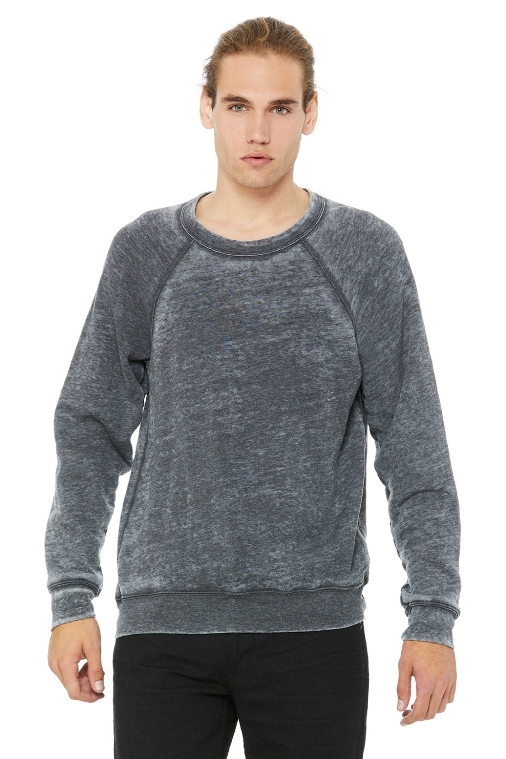 Bella + Canvas BC3901/3901 Mens Sponge Fleece Crewneck Sweatshirt Grey Acid Wash Model Front
