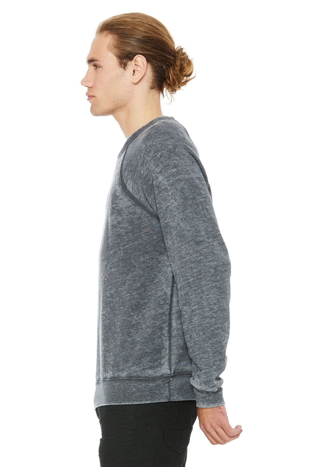 Bella + Canvas BC3901/3901 Mens Sponge Fleece Crewneck Sweatshirt Grey Acid Wash Model Side