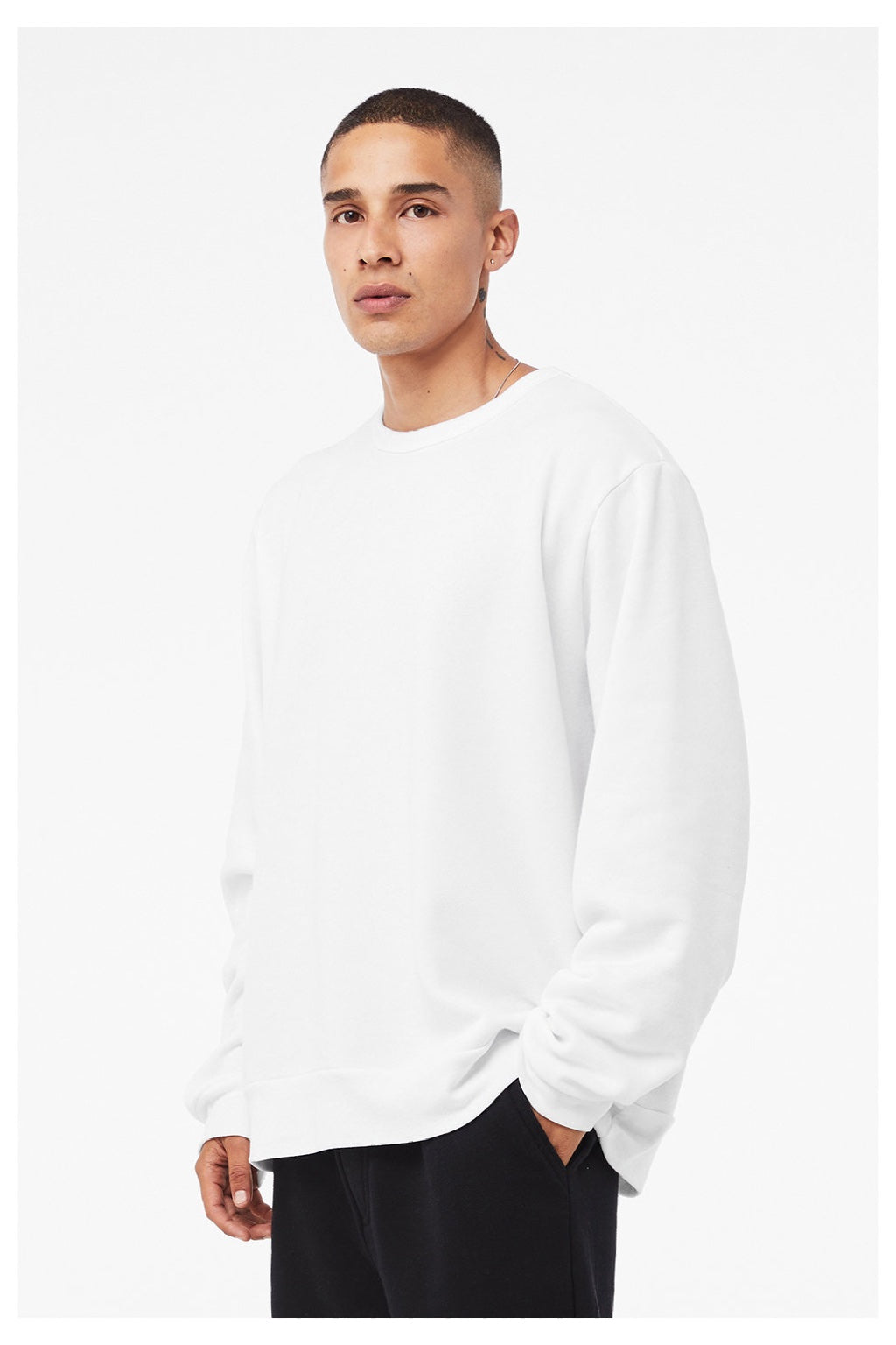Bella + Canvas BC3911/3911 Mens Classic Crewneck Sweatshirt White Model Side