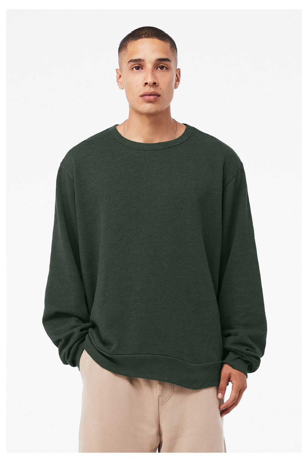 Bella + Canvas BC3911/3911 Mens Classic Crewneck Sweatshirt Heather Forest Green Model Front