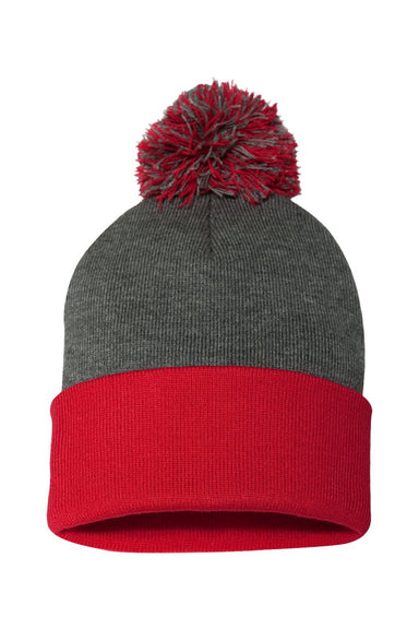 Sportsman Hats SP15 Unisex Pom-Pom Cuffed Beanie Heather Dark Grey/Red Flat Front