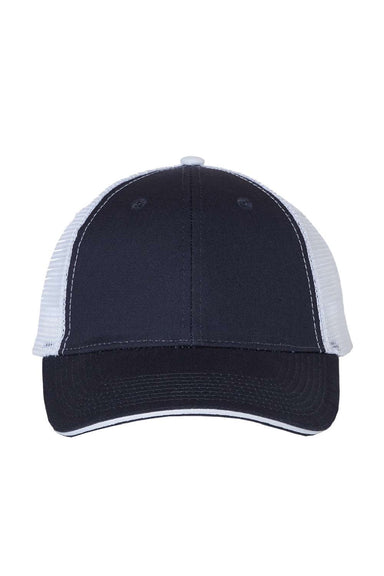 Valucap Hats S102 Mens Sandwich Bill Adjustable Trucker Hat Navy Blue/White Flat Front