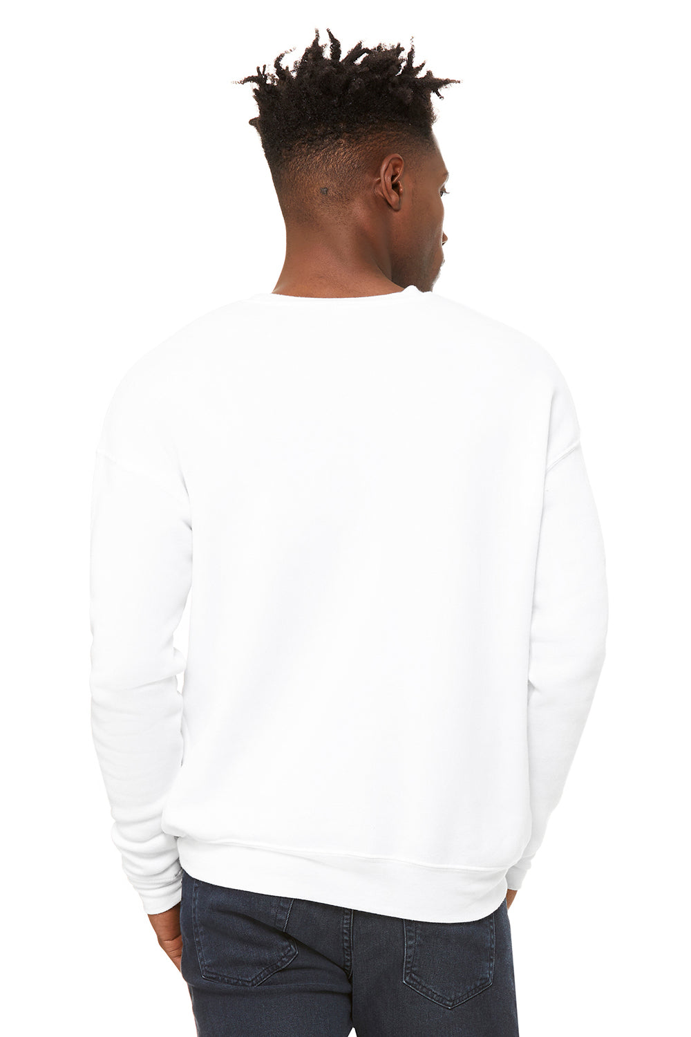 Bella + Canvas BC3945/3945 Mens Fleece Crewneck Sweatshirt DTG White Model Back