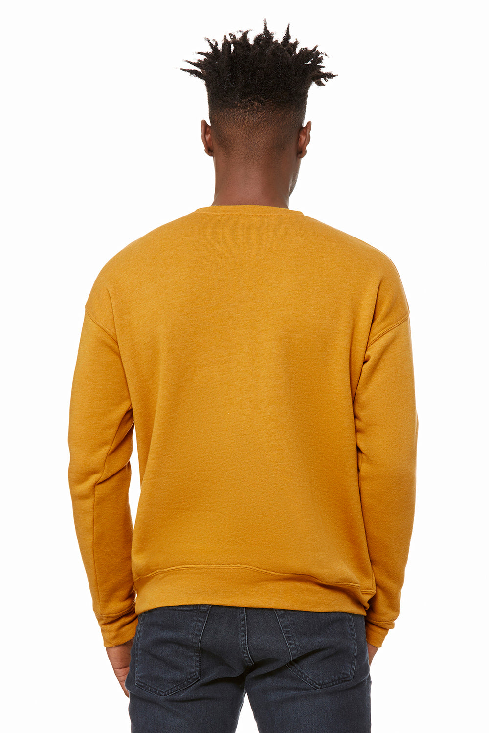 Bella + Canvas BC3945/3945 Mens Fleece Crewneck Sweatshirt Heather Mustard Yellow Model Back