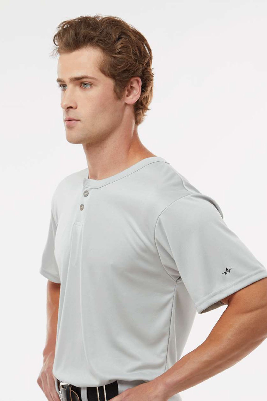 Alleson Athletic 7930 Mens B-Core Placket Short Sleeve Jersey Silver Grey Model Side