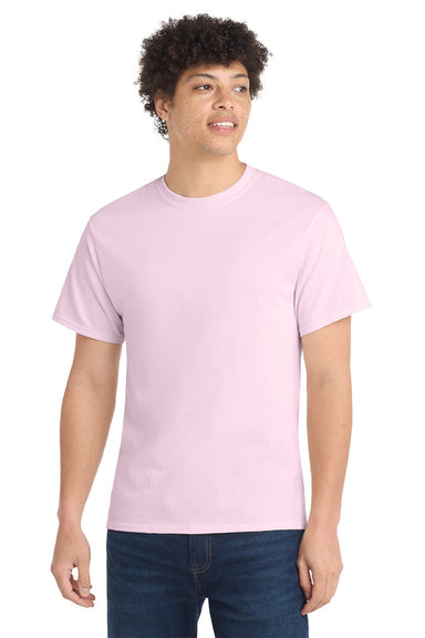 Port & Company PC54/PC54T Mens Core Short Sleeve Crewneck T-Shirt Cherry Blossom Pink Model Front