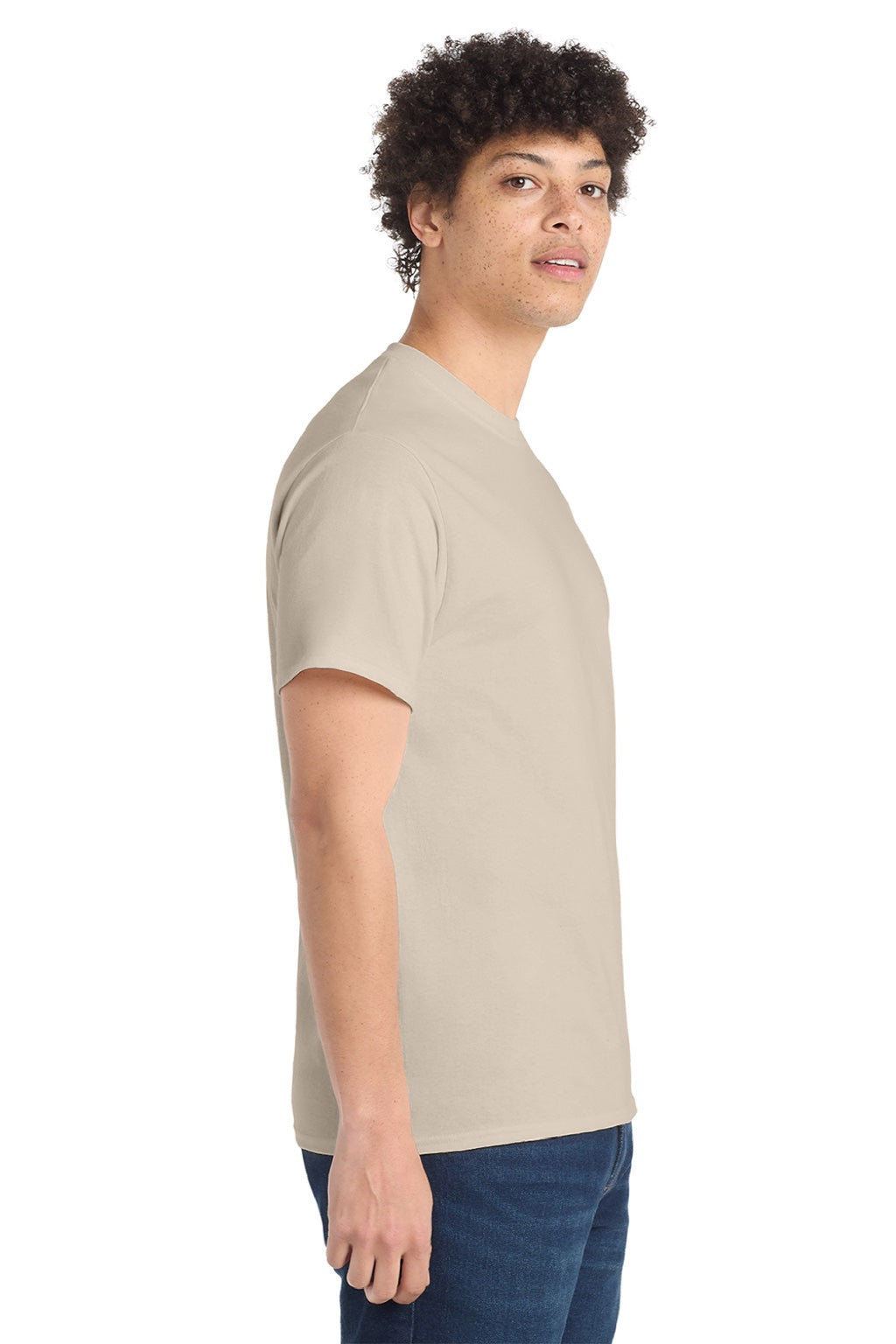 Port & Company PC54/PC54T Mens Core Short Sleeve Crewneck T-Shirt Light Sand Brown Model Side