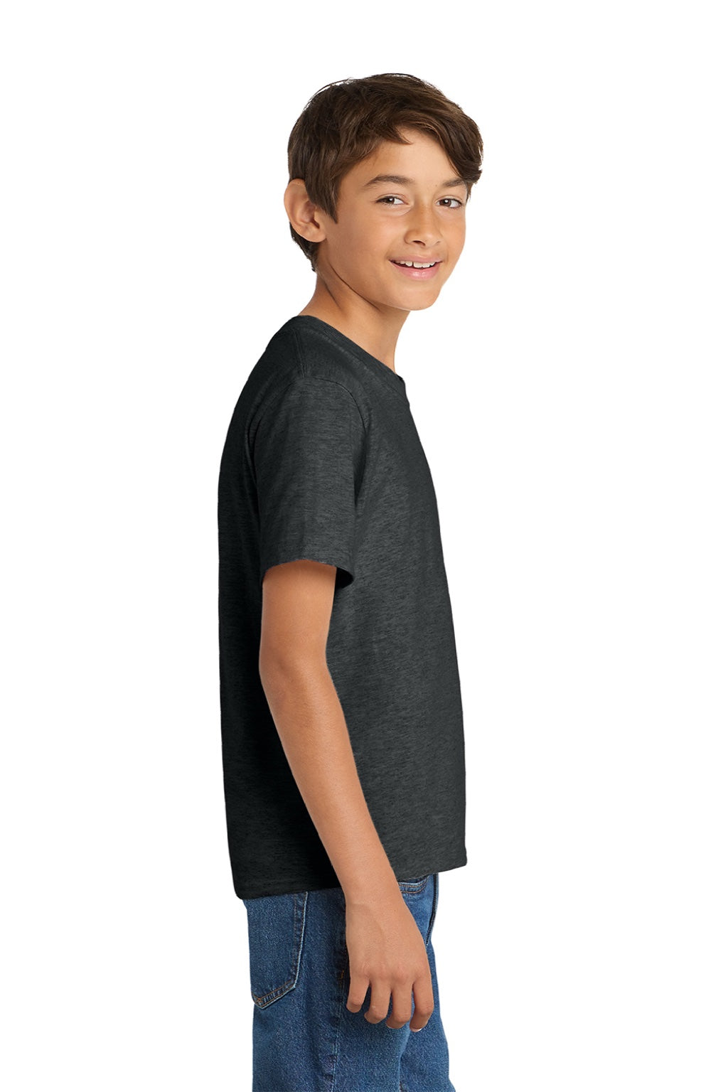 Port & Company PC54Y Youth Core Short Sleeve Crewneck T-Shirt Heather Black Model Side