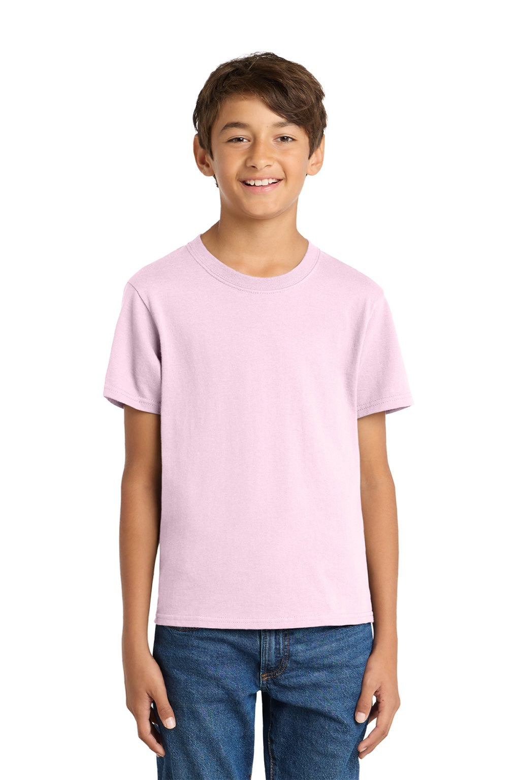 Port & Company PC54Y Youth Core Short Sleeve Crewneck T-Shirt Cherry Blossom Pink Model Front
