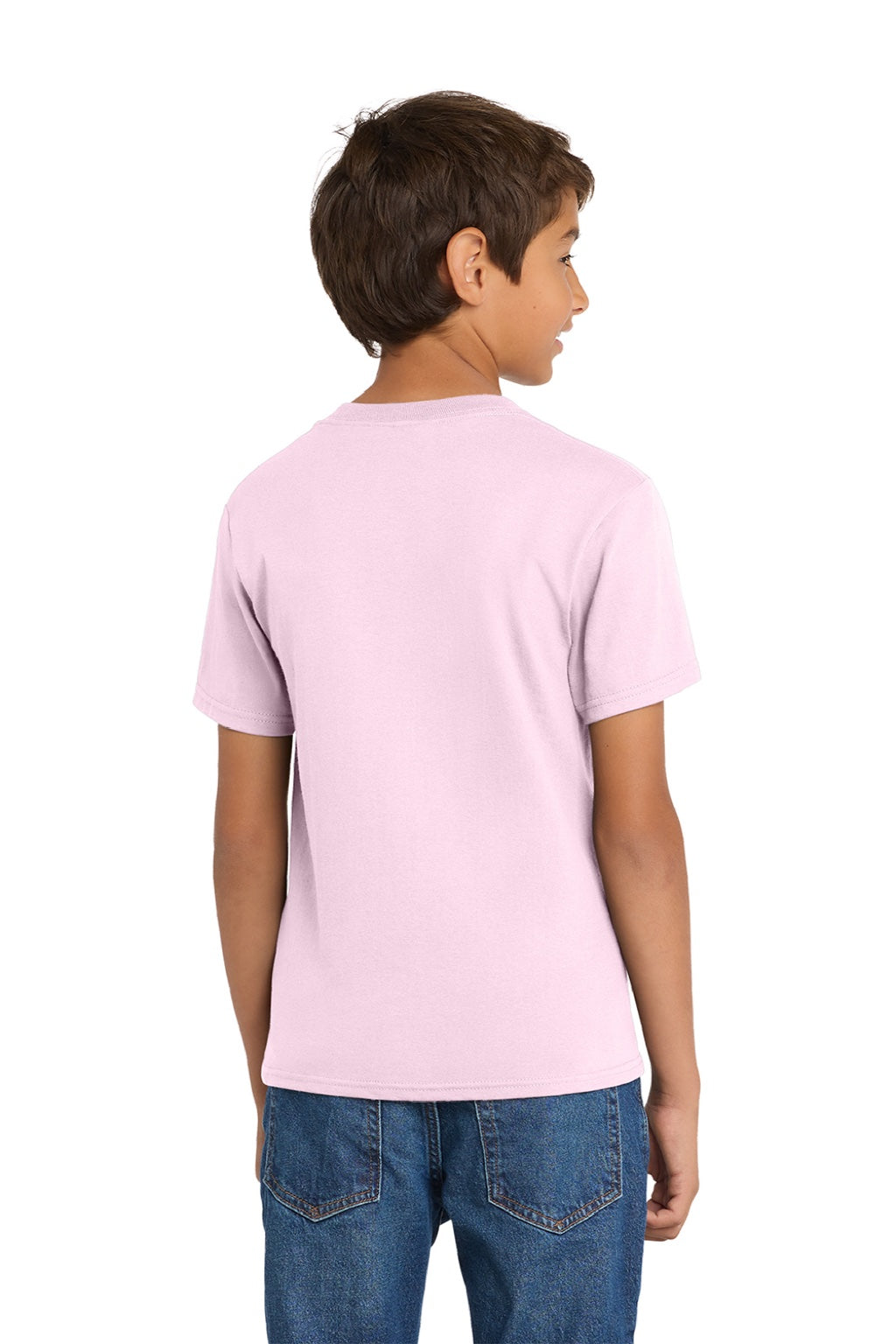 Port & Company PC54Y Youth Core Short Sleeve Crewneck T-Shirt Cherry Blossom Pink Model Back