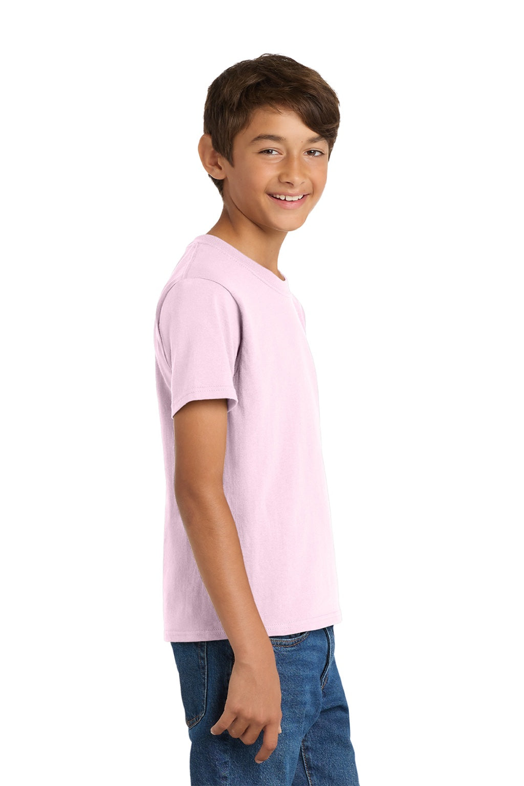 Port & Company PC54Y Youth Core Short Sleeve Crewneck T-Shirt Cherry Blossom Pink Model Side