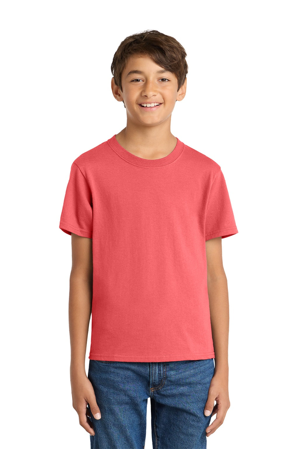 Port & Company PC54Y Youth Core Short Sleeve Crewneck T-Shirt Coral Model Front