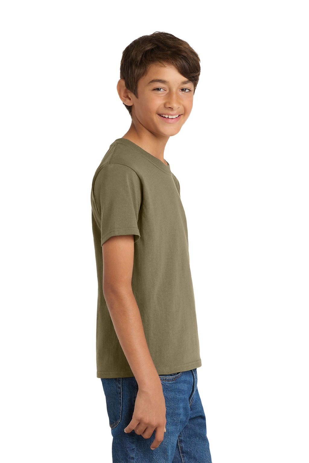 Port & Company PC54Y Youth Core Short Sleeve Crewneck T-Shirt Coyote Brown Model Side