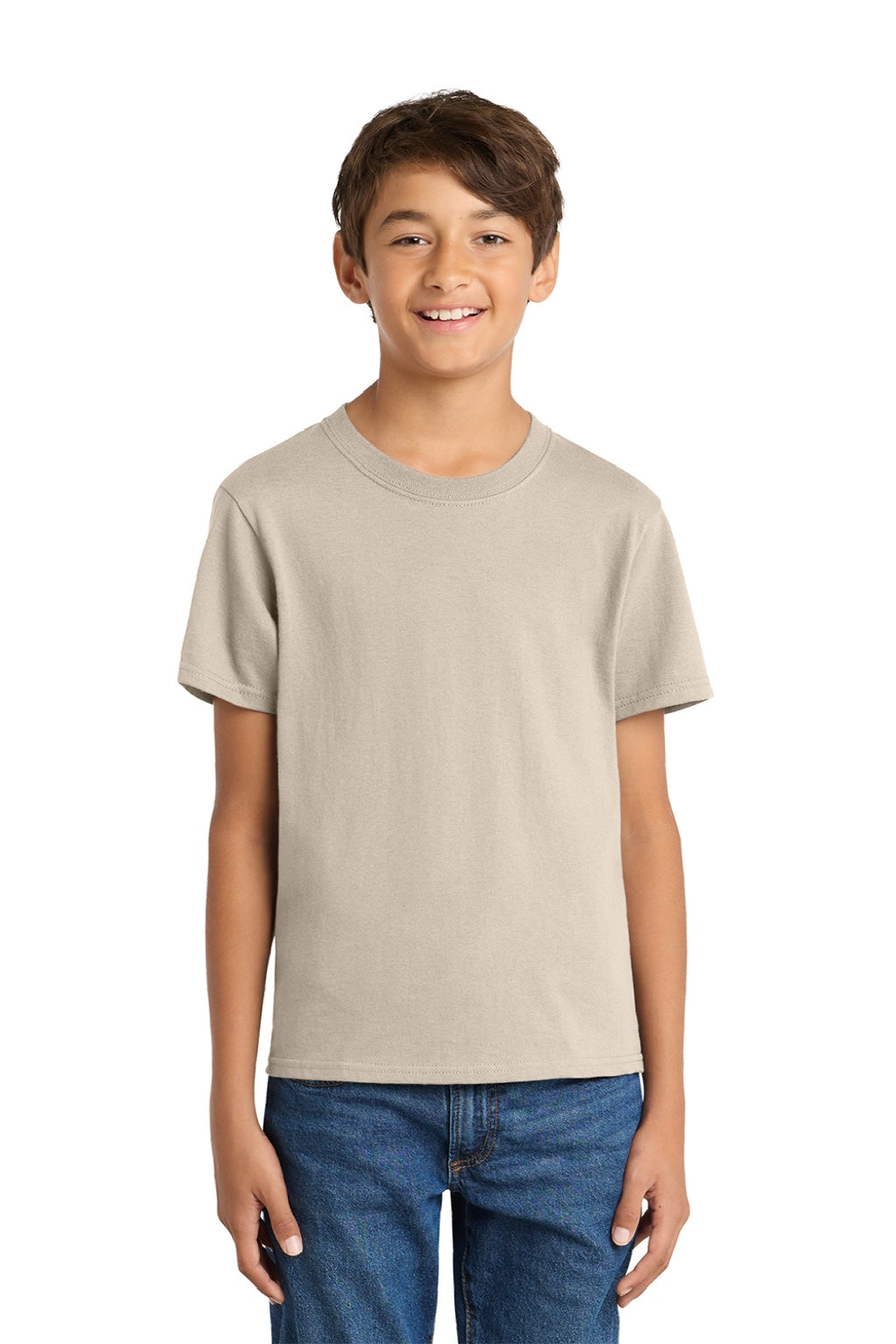 Port & Company PC54Y Youth Core Short Sleeve Crewneck T-Shirt Light Sand Brown Model Front