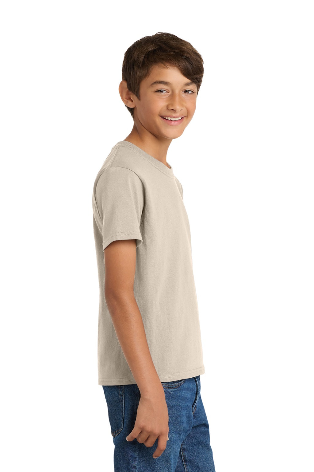 Port & Company PC54Y Youth Core Short Sleeve Crewneck T-Shirt Light Sand Brown Model Side