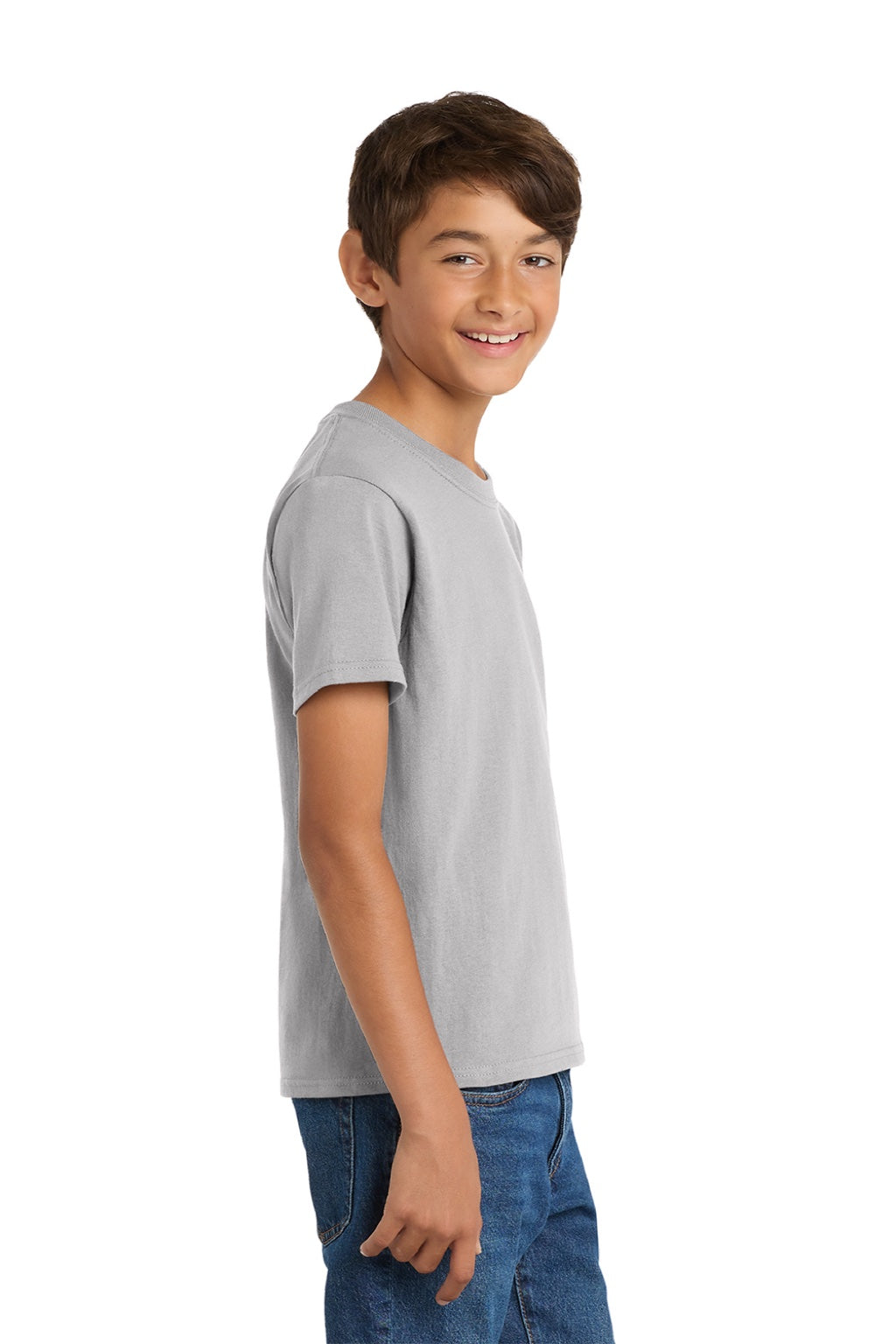 Port & Company PC54Y Youth Core Short Sleeve Crewneck T-Shirt Silver Grey Model Side