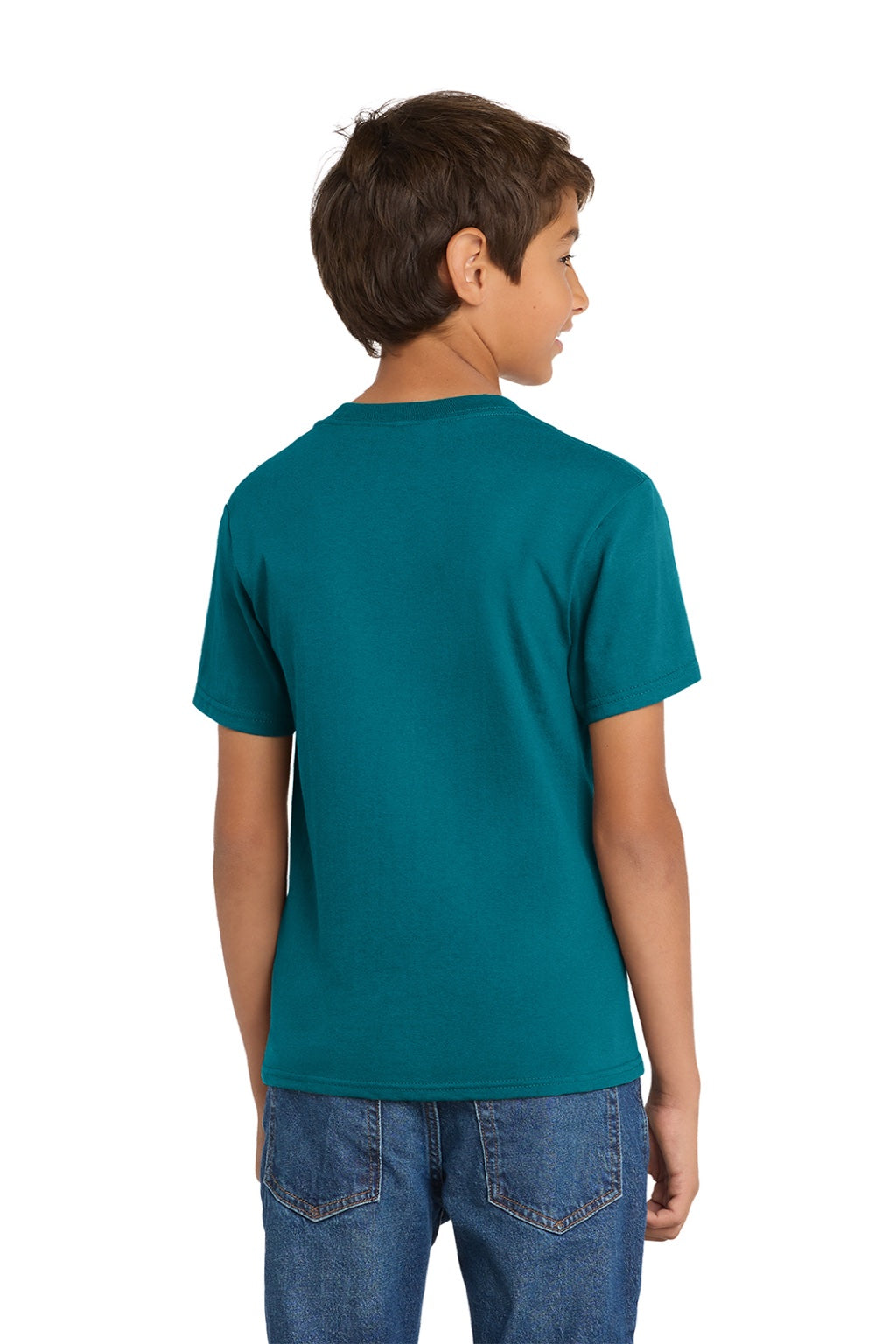Port & Company PC54Y Youth Core Short Sleeve Crewneck T-Shirt Teal Blue Model Back