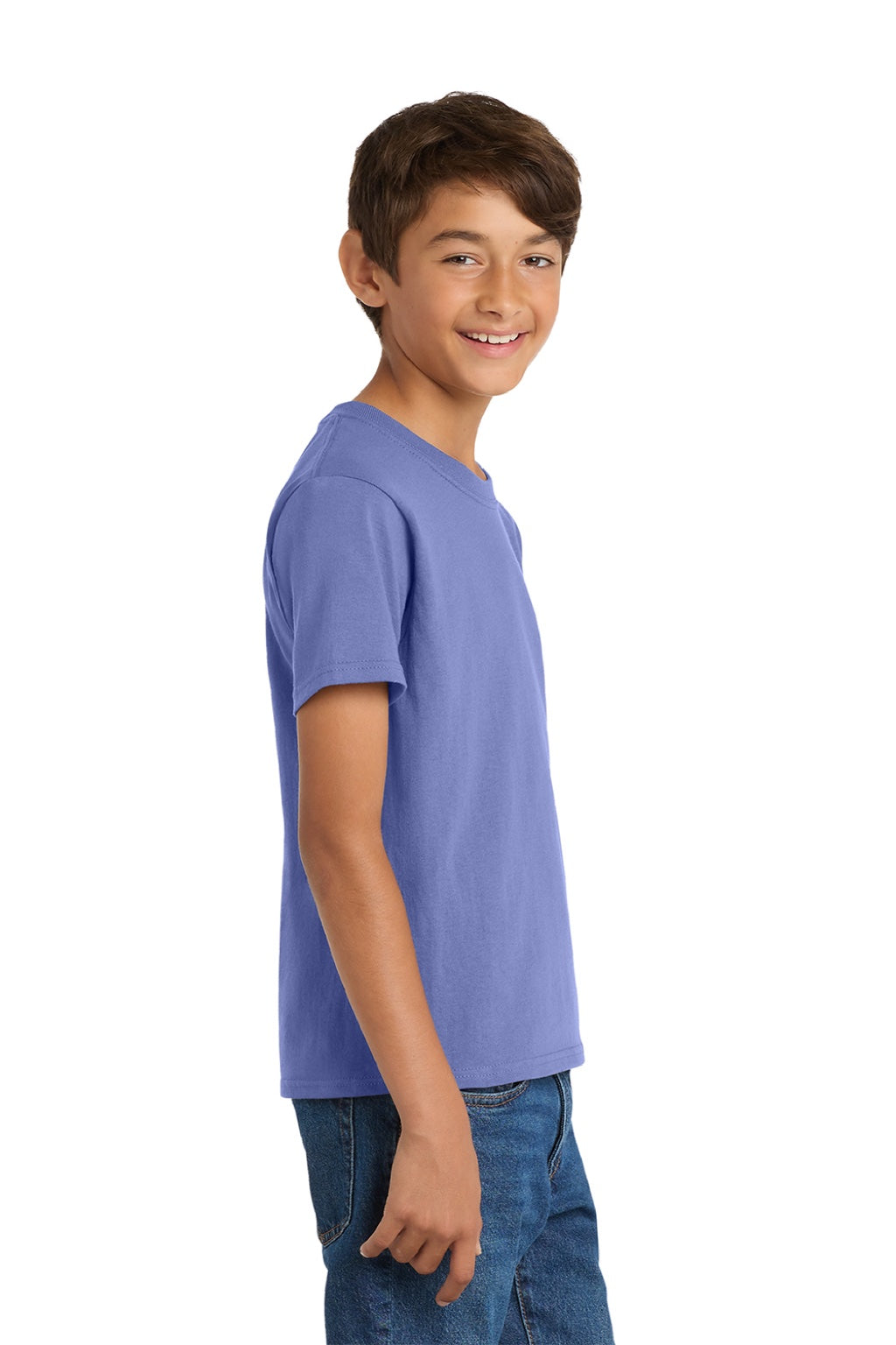 Port & Company PC54Y Youth Core Short Sleeve Crewneck T-Shirt Violet Purple Model Side