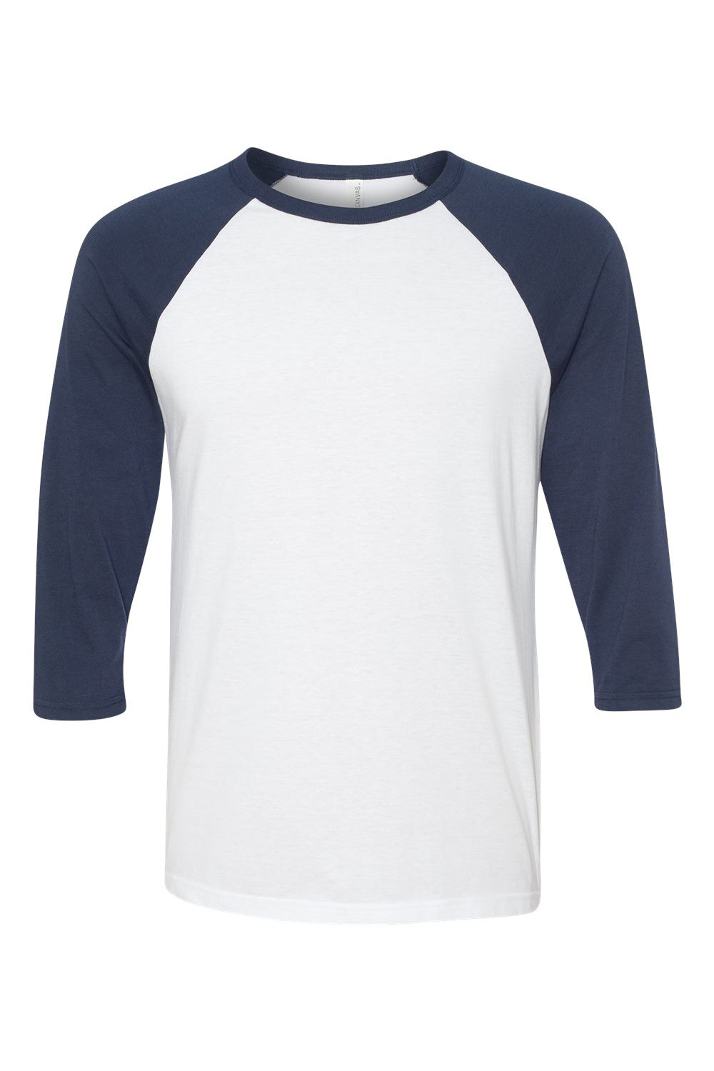 Bella + Canvas BC3200/3200 Mens 3/4 Sleeve Crewneck T-Shirt White/Navy Blue Flat Front