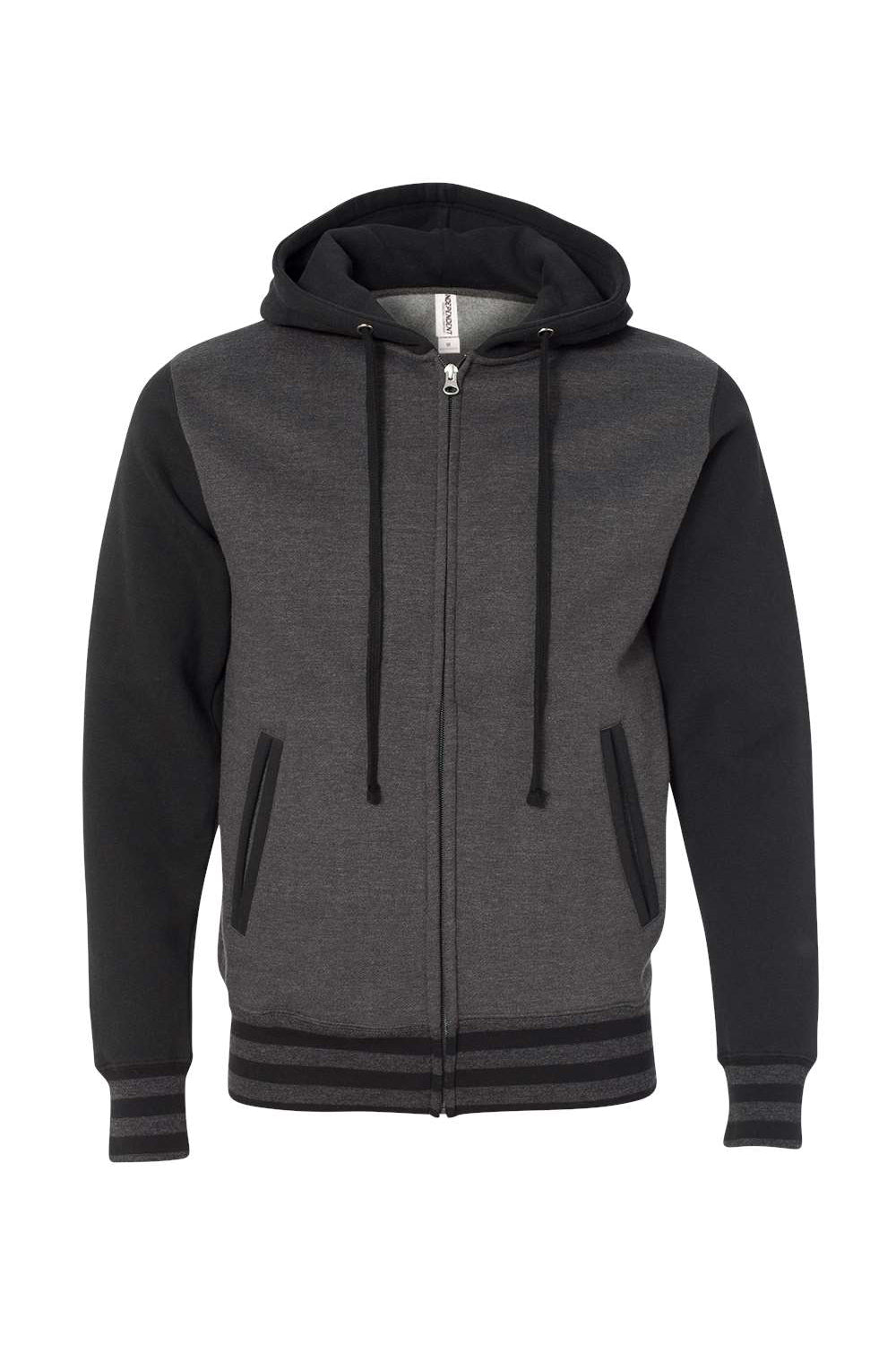 Independent Trading Co. IND45UVZ Mens Varsity Full Zip Hooded Sweatshirt Hoodie Heather Charcoal Grey/Black Flat Front
