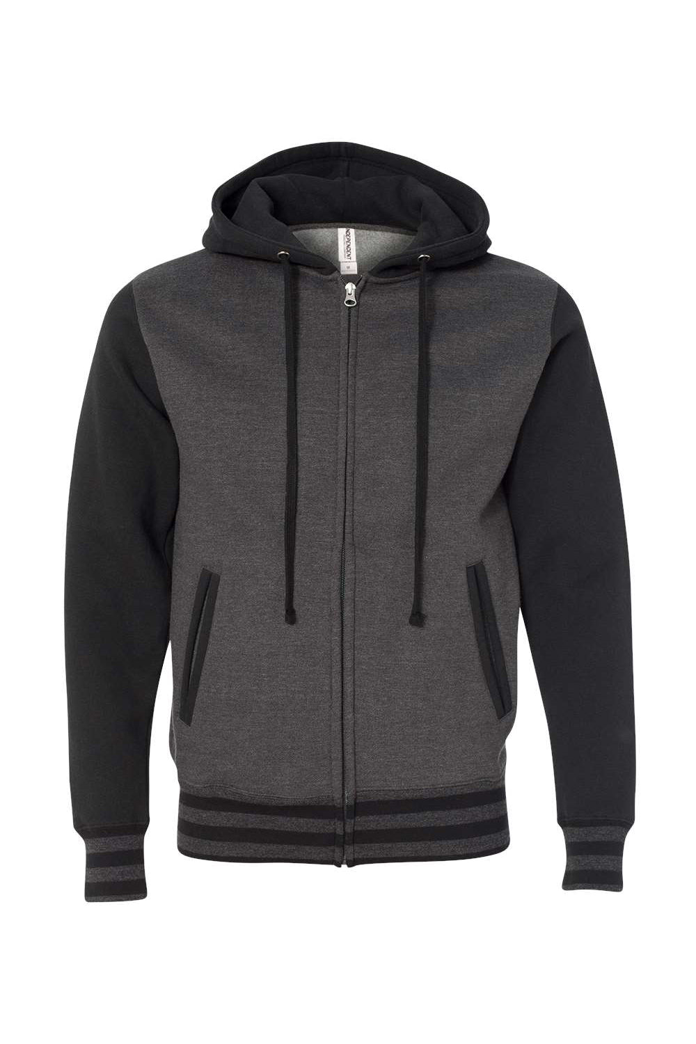 Independent Trading Company IND45UVZ Mens Varsity Full Zip Hooded Sweatshirt Hoodie w/ Pockets Heather Charcoal Grey/Black Flat Front
