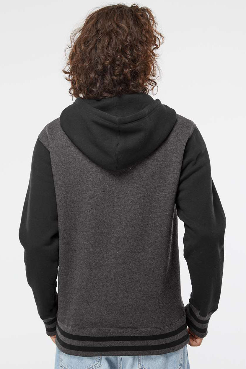 Independent Trading Company IND45UVZ Mens Varsity Full Zip Hooded Sweatshirt Hoodie w/ Pockets Heather Charcoal Grey/Black Model Back