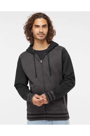 Independent Trading Co. IND45UVZ Mens Varsity Full Zip Hooded Sweatshirt Hoodie Heather Charcoal Grey/Black Model Front