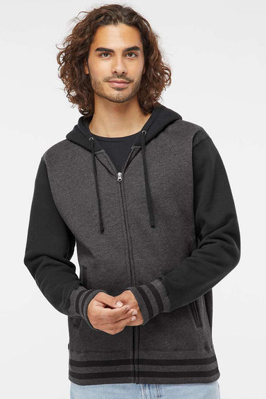 Independent Trading Company IND45UVZ Mens Varsity Full Zip Hooded Sweatshirt Hoodie w/ Pockets Heather Charcoal Grey/Black Model Front