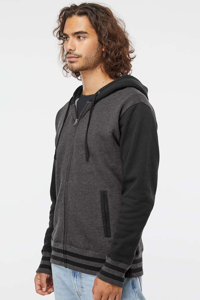Independent Trading Company IND45UVZ Mens Varsity Full Zip Hooded Sweatshirt Hoodie w/ Pockets Heather Charcoal Grey/Black Model Side