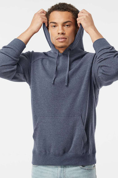 Independent Trading Company PRM33SBP Mens Special Blend Raglan Hooded Sweatshirt Hoodie w/ Pouch Pocket Midnight Navy Blue Model Front