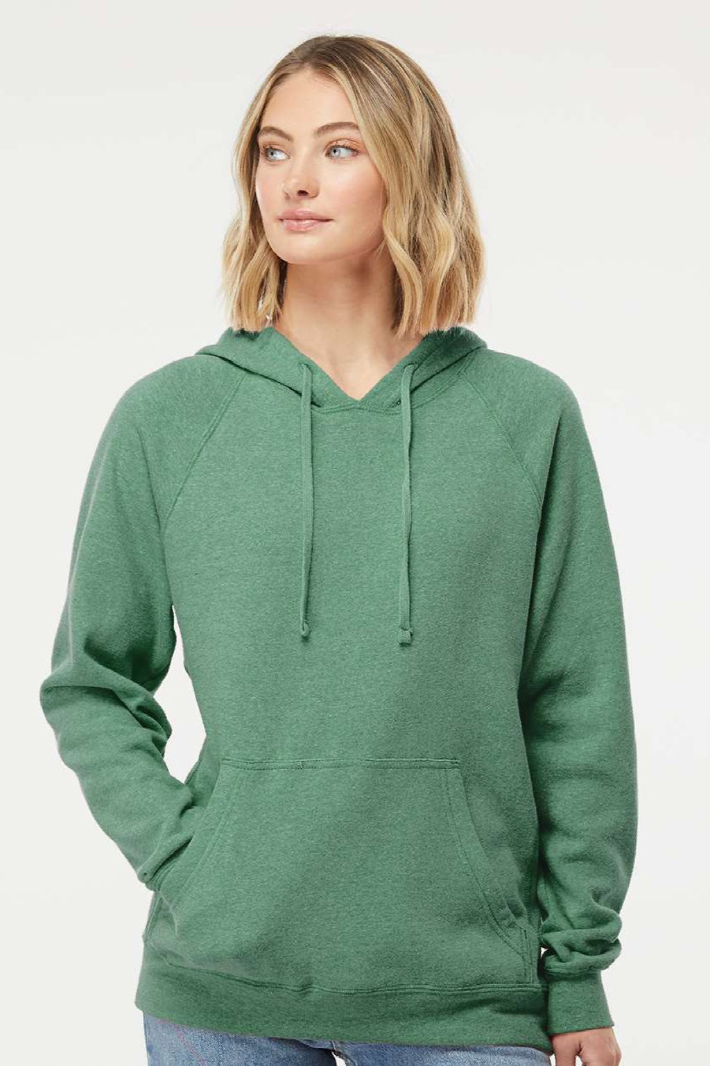 Independent Trading Company PRM33SBP Mens Special Blend Raglan Hooded Sweatshirt Hoodie w/ Pouch Pocket Sea Green Model Front