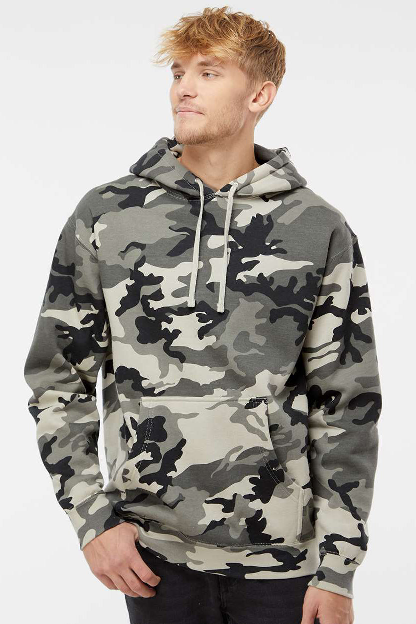 Independent Trading Company IND4000 Mens Hooded Sweatshirt Hoodie w/ Pouch Pocket Snow Camo Model Front