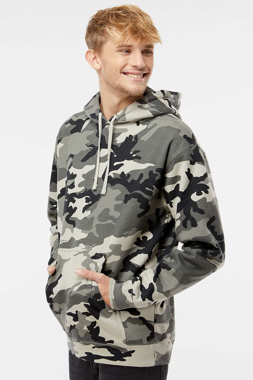 Independent Trading Company IND4000 Mens Hooded Sweatshirt Hoodie w/ Pouch Pocket Snow Camo Model Side