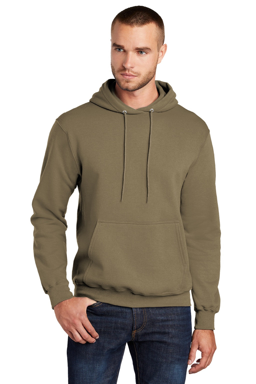 Port & Company PC78H/PC78HT Mens Core Pill Resistant Fleece Hooded Sweatshirt Hoodie w/ Pouch Pocket Coyote Brown Model Front