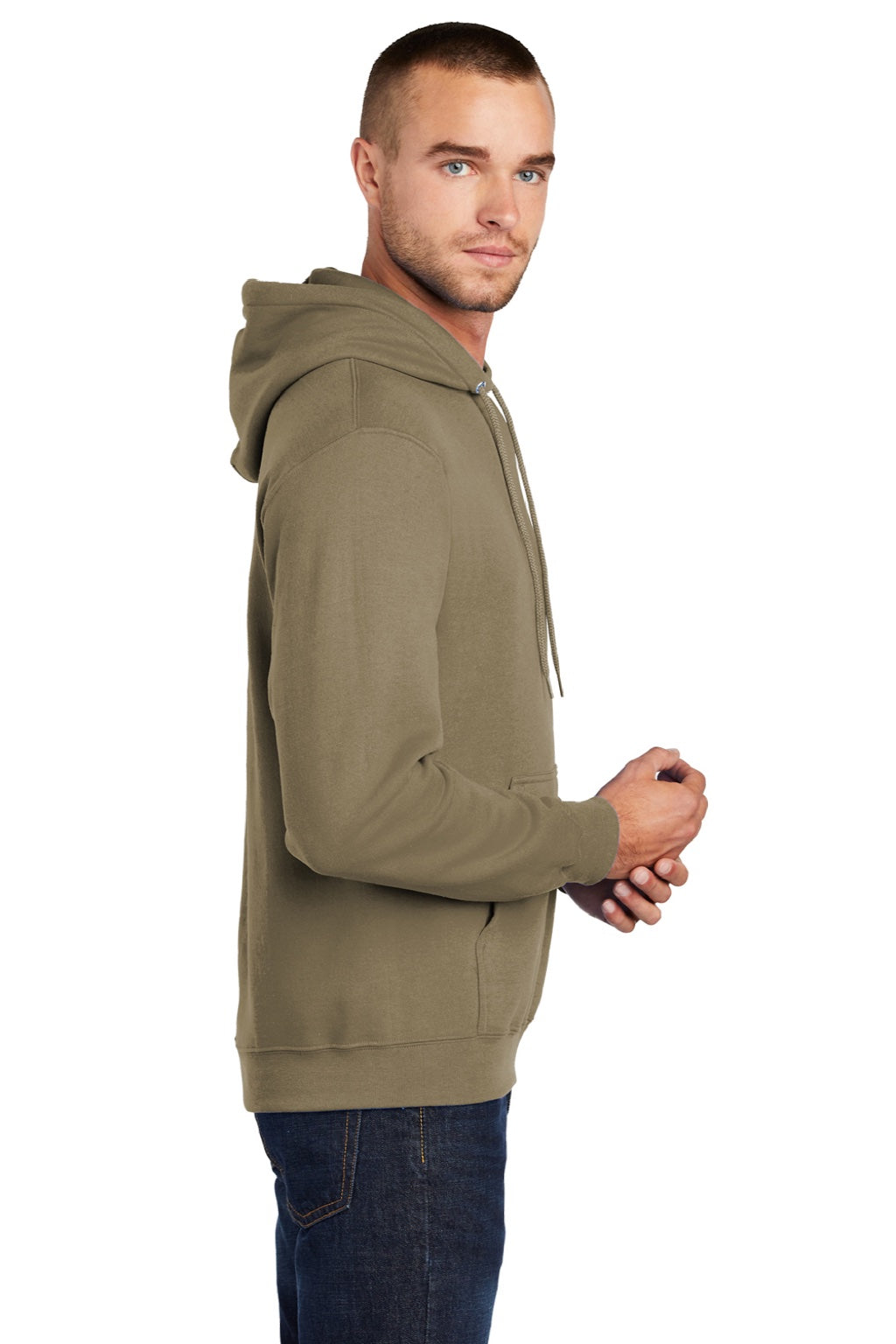 Port & Company PC78H/PC78HT Mens Core Pill Resistant Fleece Hooded Sweatshirt Hoodie w/ Pouch Pocket Coyote Brown Model Side