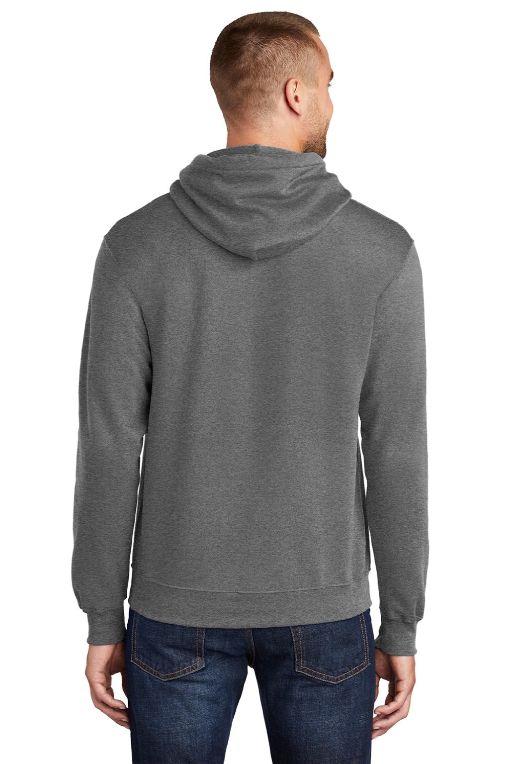 Port & Company PC78H/PC78HT Mens Core Pill Resistant Fleece Hooded Sweatshirt Hoodie w/ Pouch Pocket Heather Graphite Grey Model Back