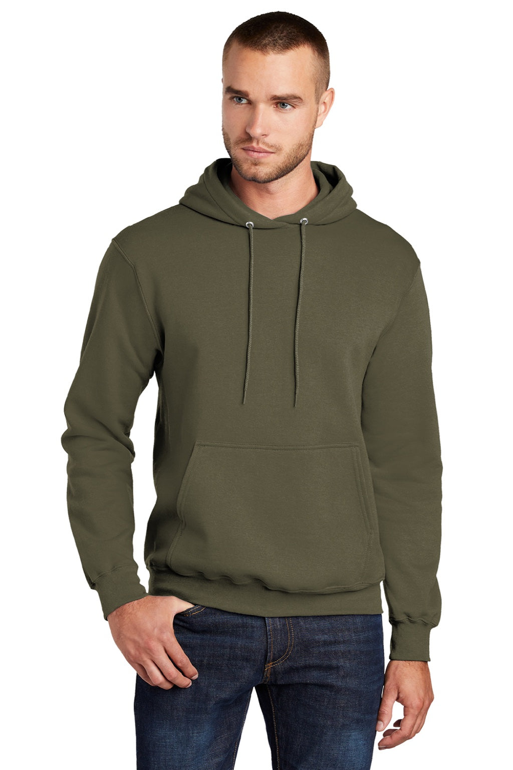 Port & Company PC78H/PC78HT Mens Core Pill Resistant Fleece Hooded Sweatshirt Hoodie w/ Pouch Pocket Olive Drab Green Model Front