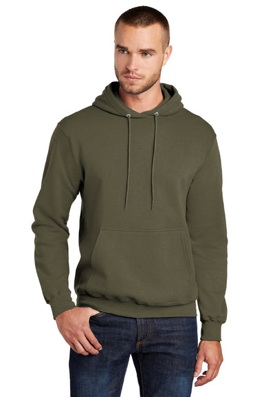 Port & Company PC78H/PC78HT Mens Core Pill Resistant Fleece Hooded Sweatshirt Hoodie w/ Pouch Pocket Olive Drab Green Model Front