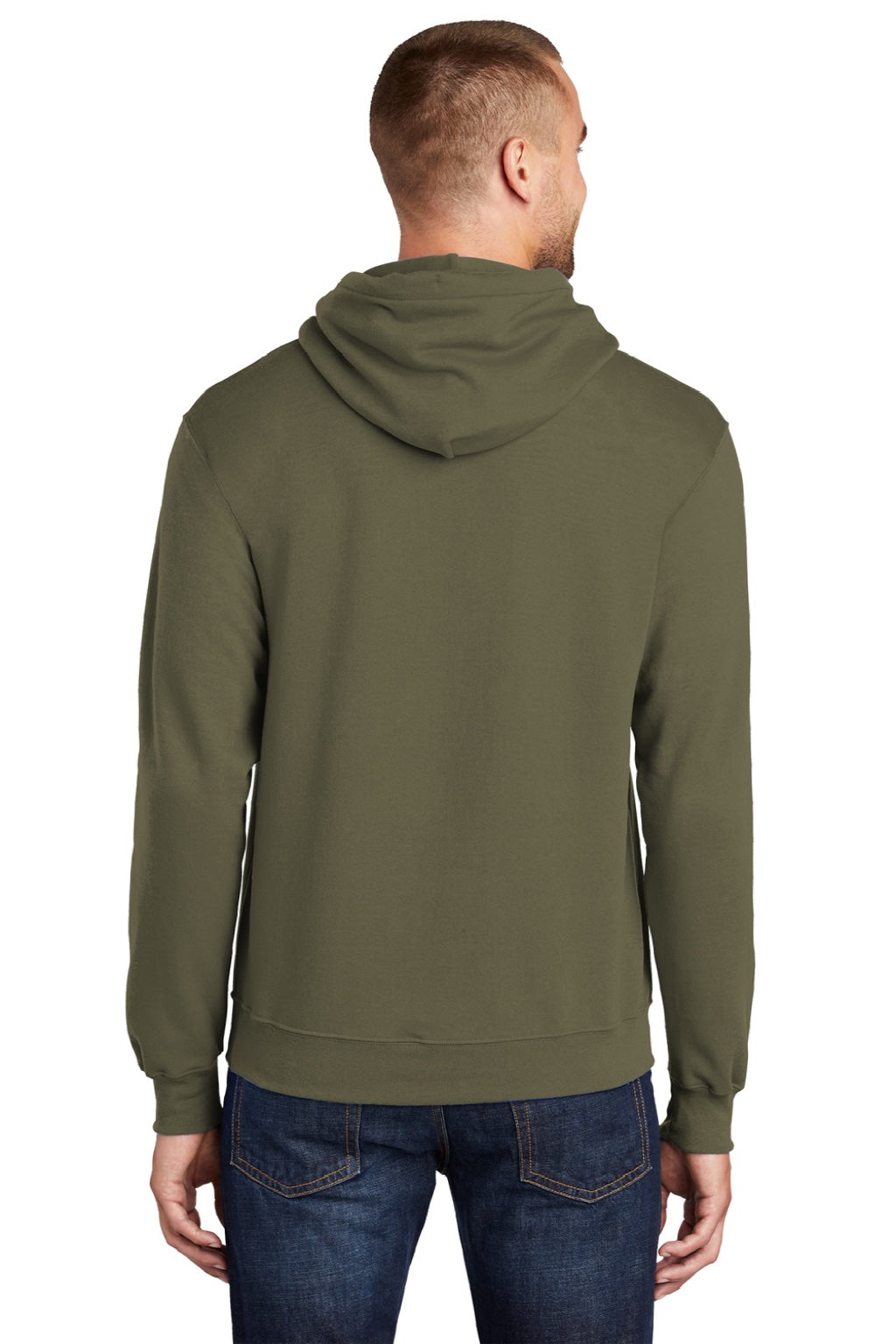 Port & Company PC78H/PC78HT Mens Core Pill Resistant Fleece Hooded Sweatshirt Hoodie w/ Pouch Pocket Olive Drab Green Model Back